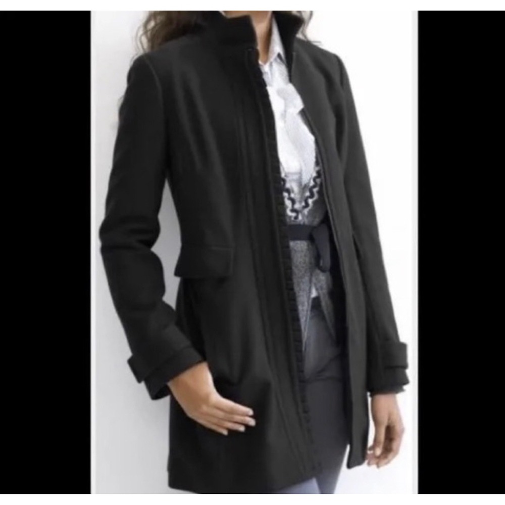 Banana Republic Womens Black Wool Italian Fabric Ruffle Trim Zip‎ Coat Jacket M